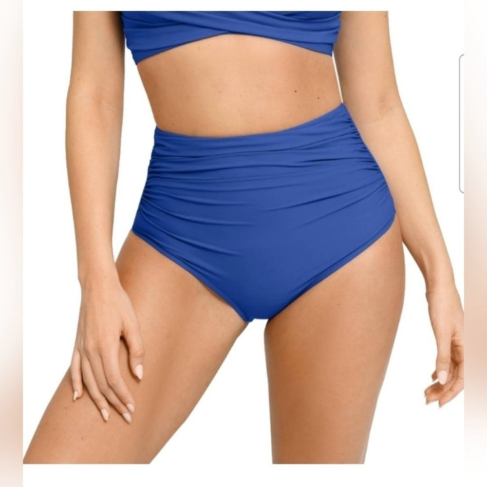 Popilush Blue High-Waisted Ruched Shapewear Tummy Control Bikini Bottom XXL